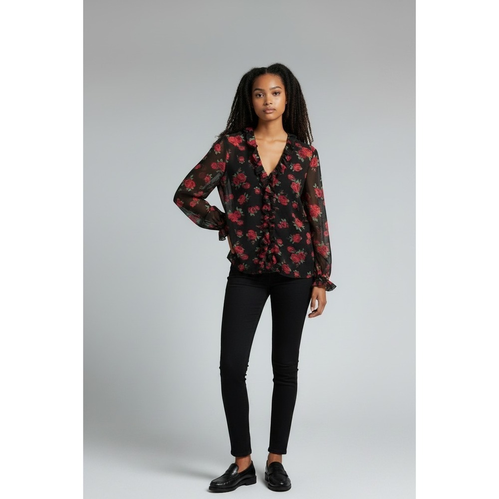 VTG Laura Ashley Silk Poet Black Red Rose Floral Ruffle Sheer Blouse Whimsy  Y2K